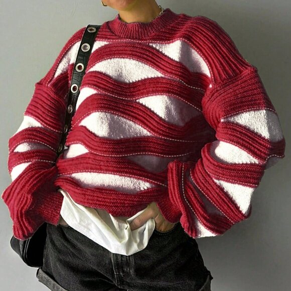 Red Casual Women's Round Neck Wavy Striped Color Block Long Sleeved Knit Sweater - Picture 2 of 4